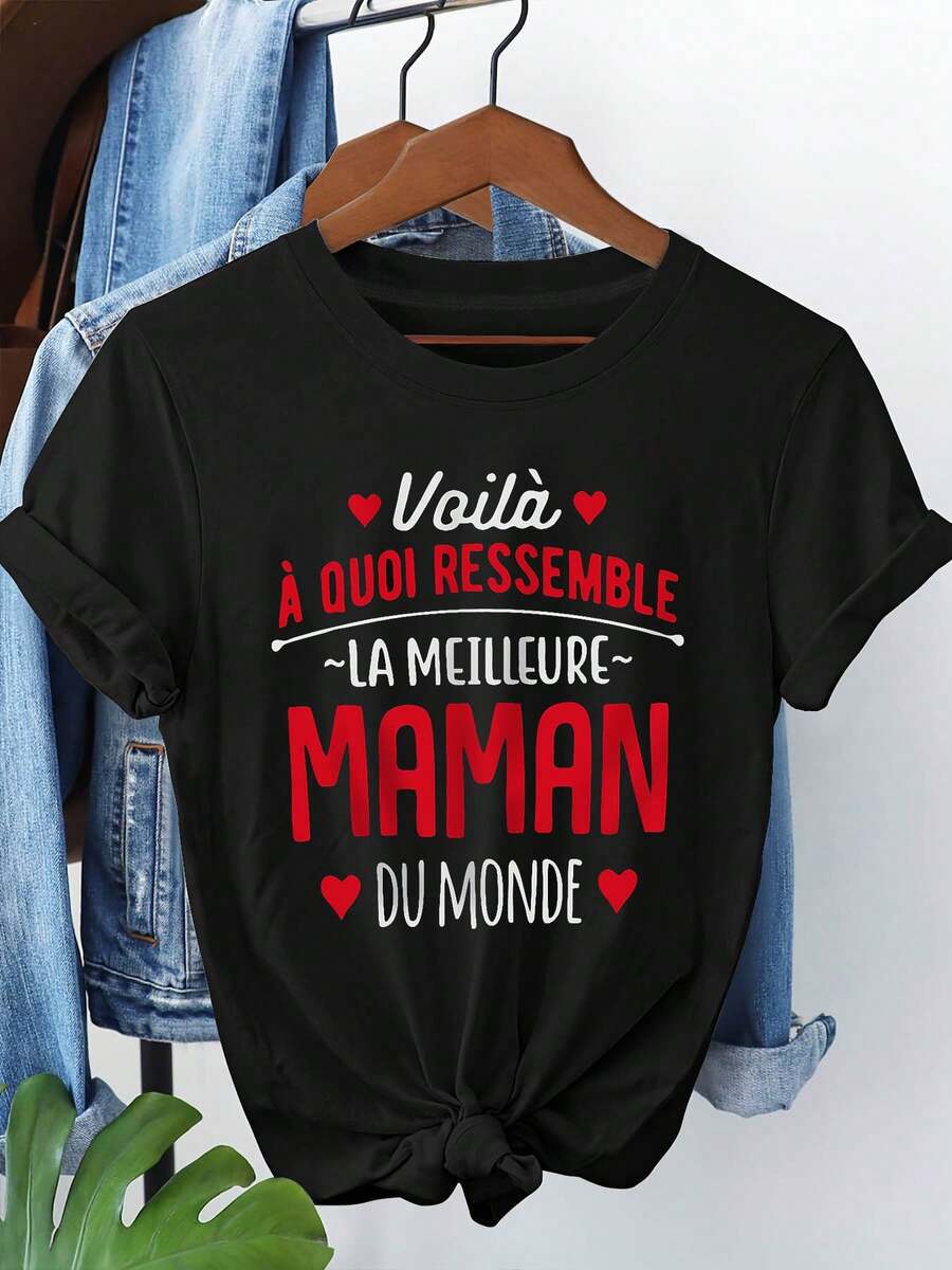 LA MEILLEURE MAMAN T-shirt con impresión de letra, manga corta cuello de tripulación Top casual para verano y primavera, ropa de mujer
