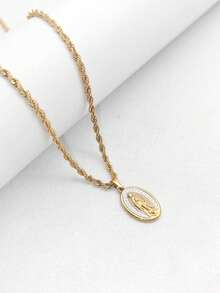 1pc Stainless Steel Vintage French 18K Plated Oval Virgin Mary Pendant Necklace, Minimalist Twist Chain Unisex Jewelry, Affordable Valentine's Day Gift - White - View 8
