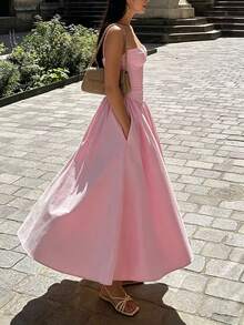 2026 Spring New Women's Clothing: Cross-Border European And American Dress, Elegant French Retro Waist-Cinching Strap Dress - 粉色 - 查看 5