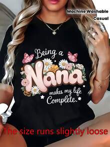 Women's "Being A Nana" Floral And Butterfly Print T-Shirt - Gift For Grandma, Round Neck And Short Sleeve Shirt, Comfortable Fit, For Casual Spring-Summer Wear, Machine Washable - Top For Grandma. - Black - View 7