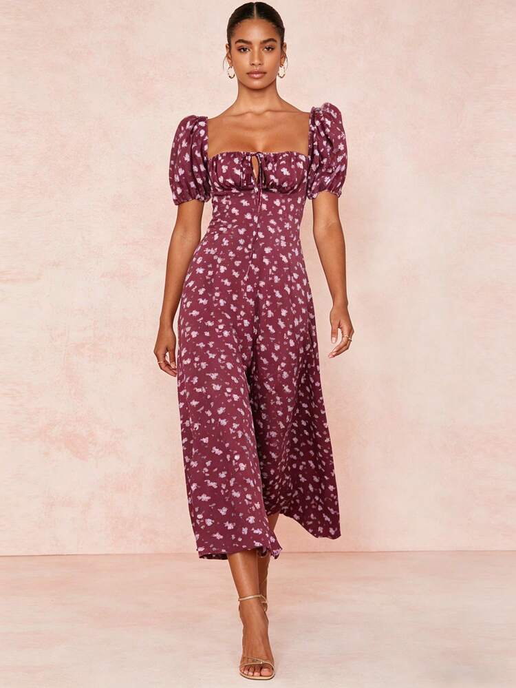 2026 Spring New Women's Clothing: Cross-Border European And American Dress, Elegant Floral Print Long Dress With Slit And Tie - 酒紅色 - 查看 7