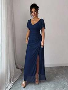 Vestido morado claro con cuello en V, mangas con volantes, cintura plisada y abertura, vestido elegante de dama de honor, vestido de fiesta, primavera/verano - Azul marino - Ver 3