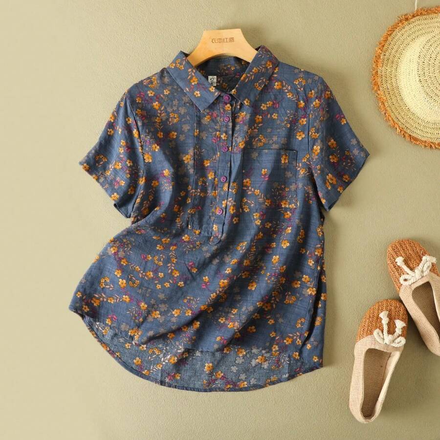 Camisa con estampado Floral Vintage para mujer, blusa informal holgada de manga corta con bolsillo, Top cómodo suave y fino para uso diario, moda de verano - Azul - Ver 1