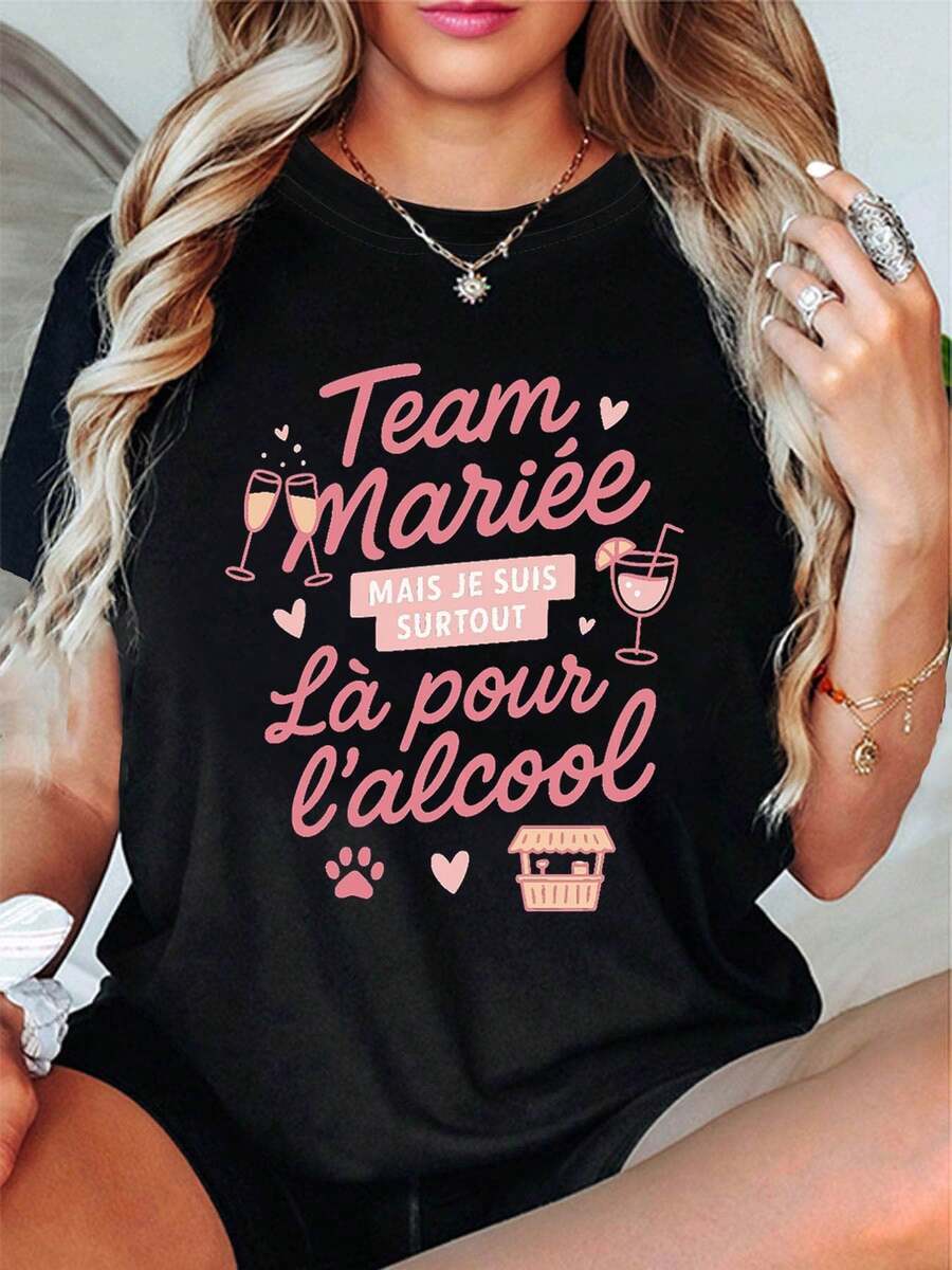 Novia del equipo francés aquí para el alcohol divertido auto-burla carta de impresión de la mujer camiseta, manga corta cuello de la tripulación top casual para el verano y la primavera, ropa de mujer