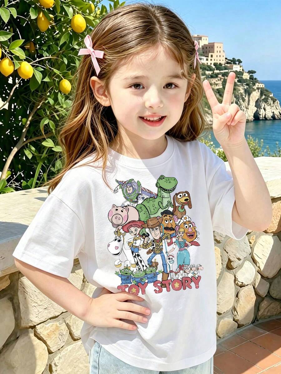 A Cute, Fresh, And Stylish Disney Girl's Round-Neck T-Shirt With A Toy Story Print Pattern. Made Of 100% Pure Cotton, It Is Ideal For Daily Wear, Holiday Relaxation, Outdoor Exploration, School Life, And Shopping Trips. It Is Also A Must-Have Item For Summer And Makes An Excellent Disney Gift For Girls Or Boys. - trắng - Xem 1