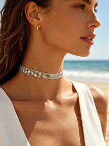 1 pieza Accesorio de diseño de nicho para mujer, collar con piedras blancas y de colores incrustadas con diamante de imitación, estilo europeo y americano de vacaciones - Blanco - Ver 3
