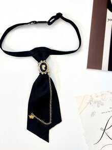 Nơ đeo cổ đính ngọc trai đen với dây xích kim loại hình đầu nữ thần, kiểu dáng có thể điều chỉnh, phong cách thời trang sinh viên, phù hợp cho các bữa tiệc, lễ kỷ niệm và sử dụng hàng ngày, unisex. - Nhiều màu - Xem 4