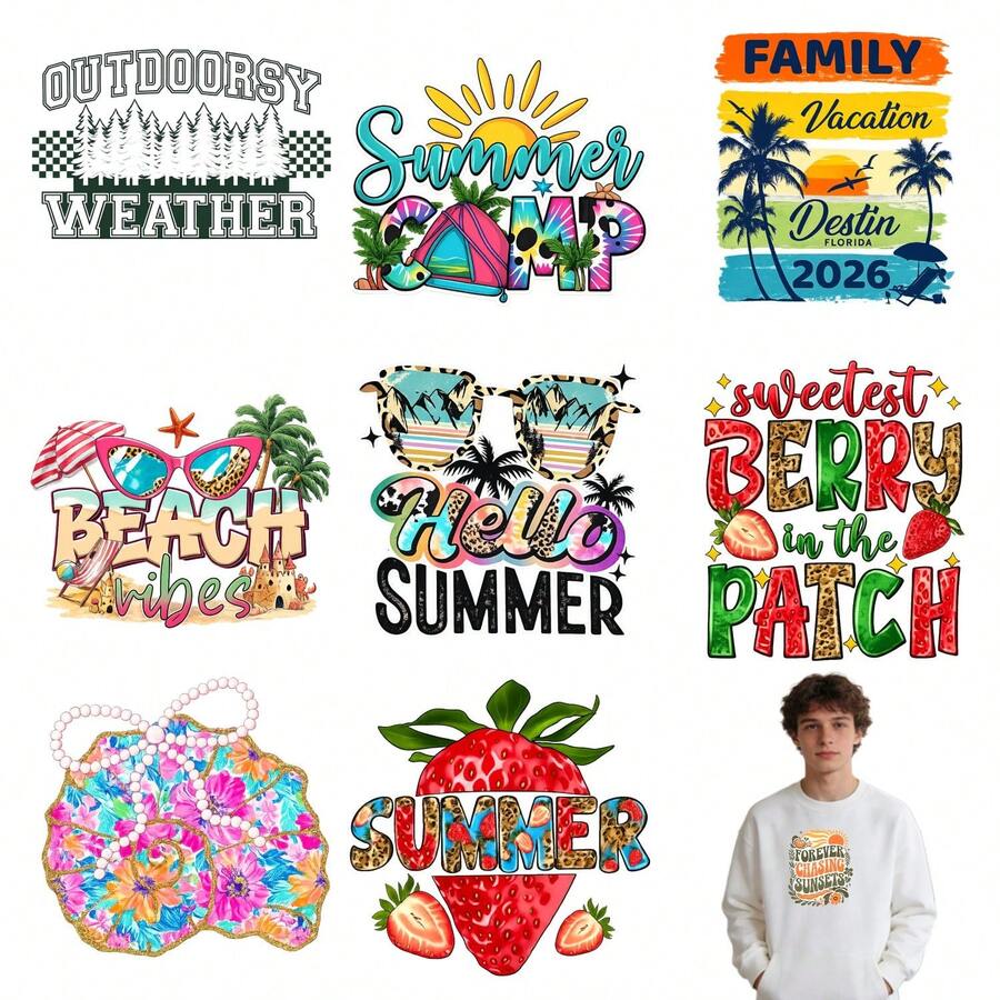 9PC DIY iron on transfers for tshirts,  Outdoorsy Weather Summer Camp Family Vacation Beach Vibes Hello Summer Sweetest Berry In The Patch Summer Strawberry Pattern Print , Easy Heat Transfer for Clothing, T-Shirts, Jeans, Backpacks, Hats & Pillows,  Washable Stickers Perfect for Casual Style, Ideal Gift for Women and Men. - Zufälliger Stil - Übersicht 1