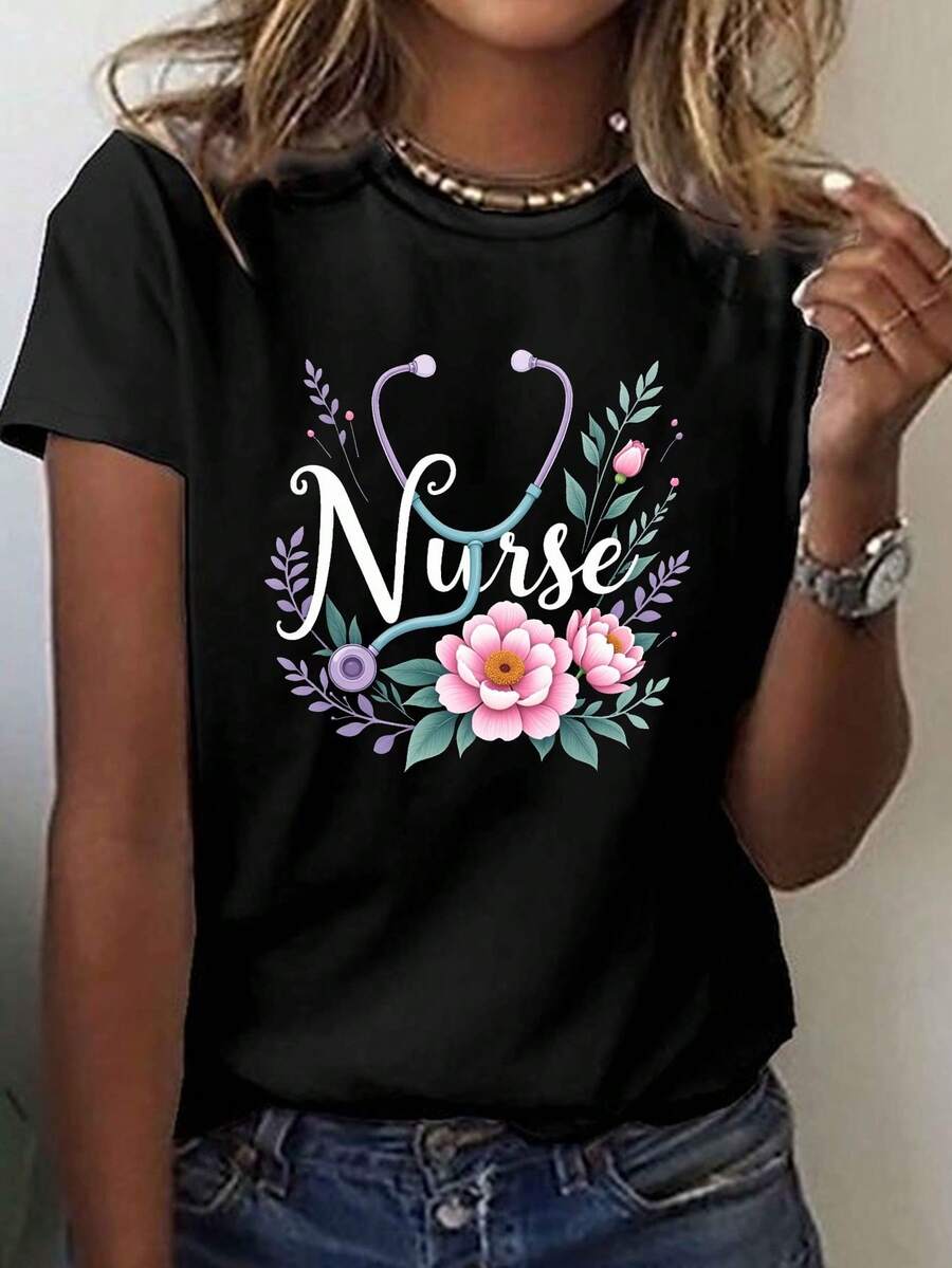 Women's Nurse Life Stethoscope Print T-Shirt - -Themed Short Sleeve Crew Neck Top With Stethoscope, Casual Workwear For Nurses, Healthcare Professionals, Spring & Summer Casual Attire (Machine Washable) - 黑色 - 查看 1