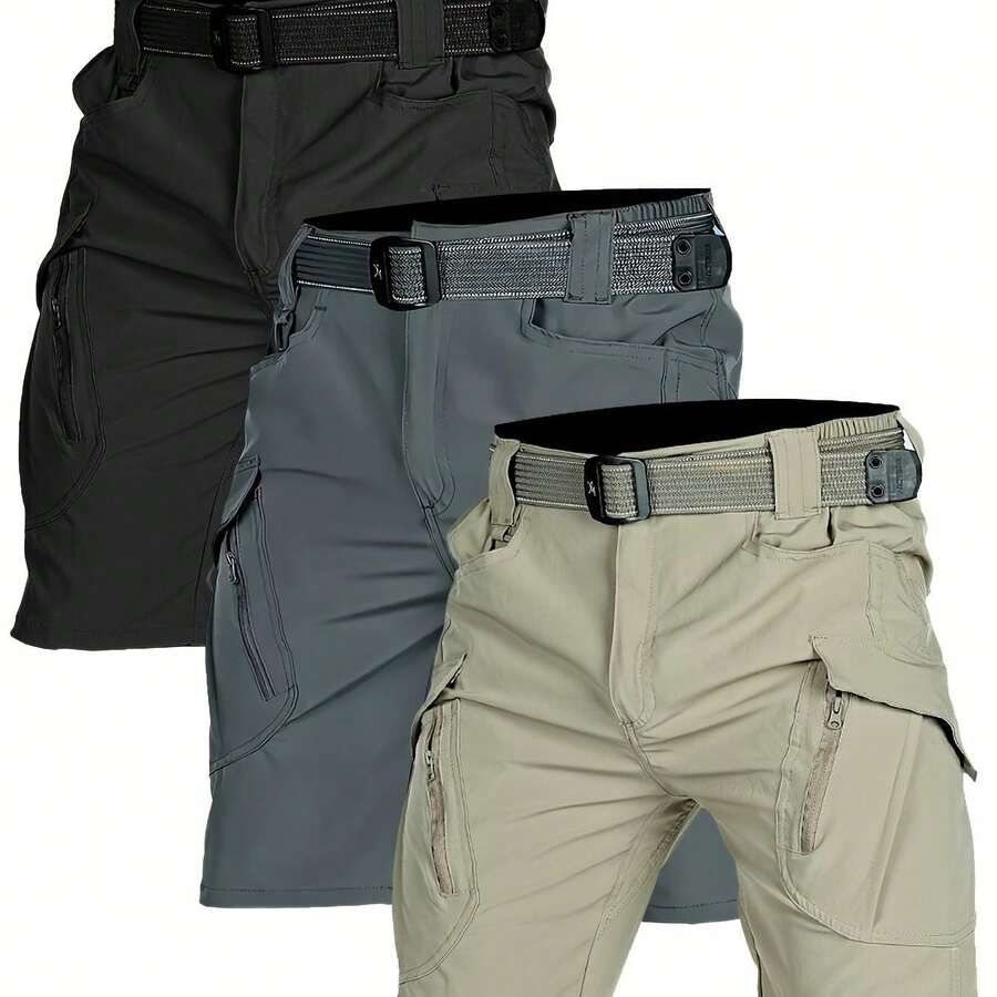 X9 3pcs Set Quick-Dry Tactical Shorts For Men, Knee-Length Pants, Quick-Drying, Breathable, Stretch Cargo Pants, Belt Not Included - Black Gray Khaki - View 1