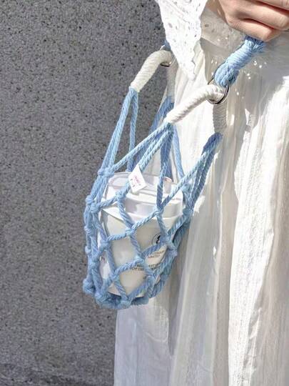 1pc Handmade Woven Cup Holder. Can Be Handheld Or Worn Crossbody. Suitable For Storing Beverages, Coffee, Cups, Bottled Water, Etc. Applicable For Camping, Picnics, Outdoor Activities, Shopping, And Business Travel Fitness.