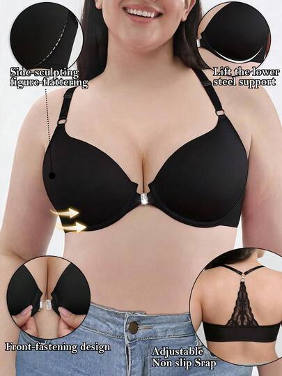 Plus Size Women's Front Closure Lace Padded Bra - Comfortable Breathable Lace Back Design With Adjustable Straps