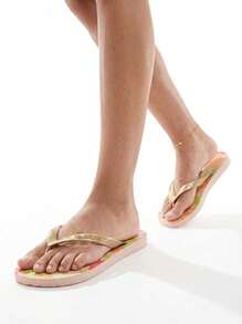 Chancletas planas de uso casual y versátil con estampado floral para mujeres y niñas - Oro rosa - Ver 1