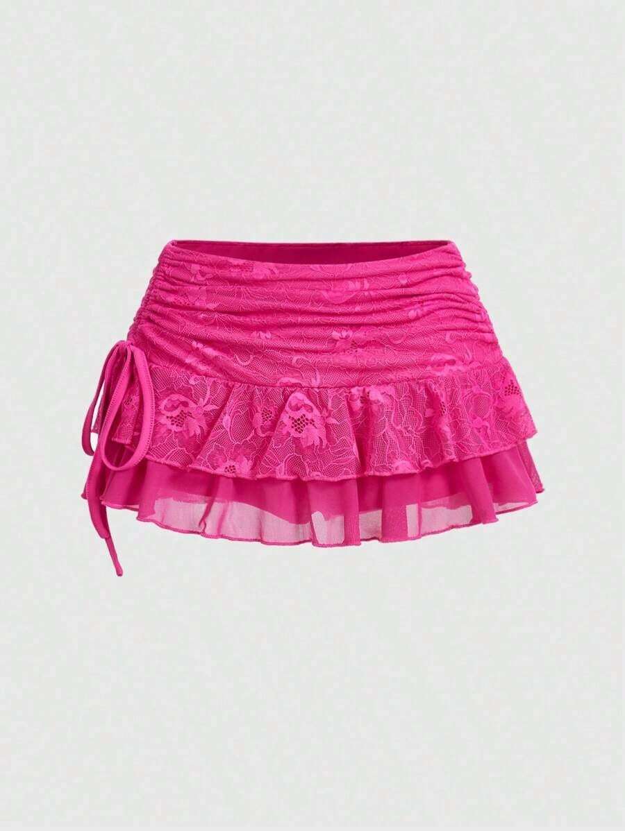 Ultra Low-Waist Lace & Mesh Double-Layer Pleated Wrap-Tie High-Slit Women's Skirt - 玫紅色 - 查看 1