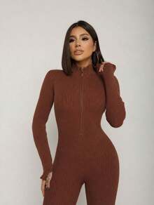 Women's Fitted Ribbed Jumpsuit With Front Zipper And Elegant Long Sleeves, Knit Fabric, Winter - Rust Brown - View 2