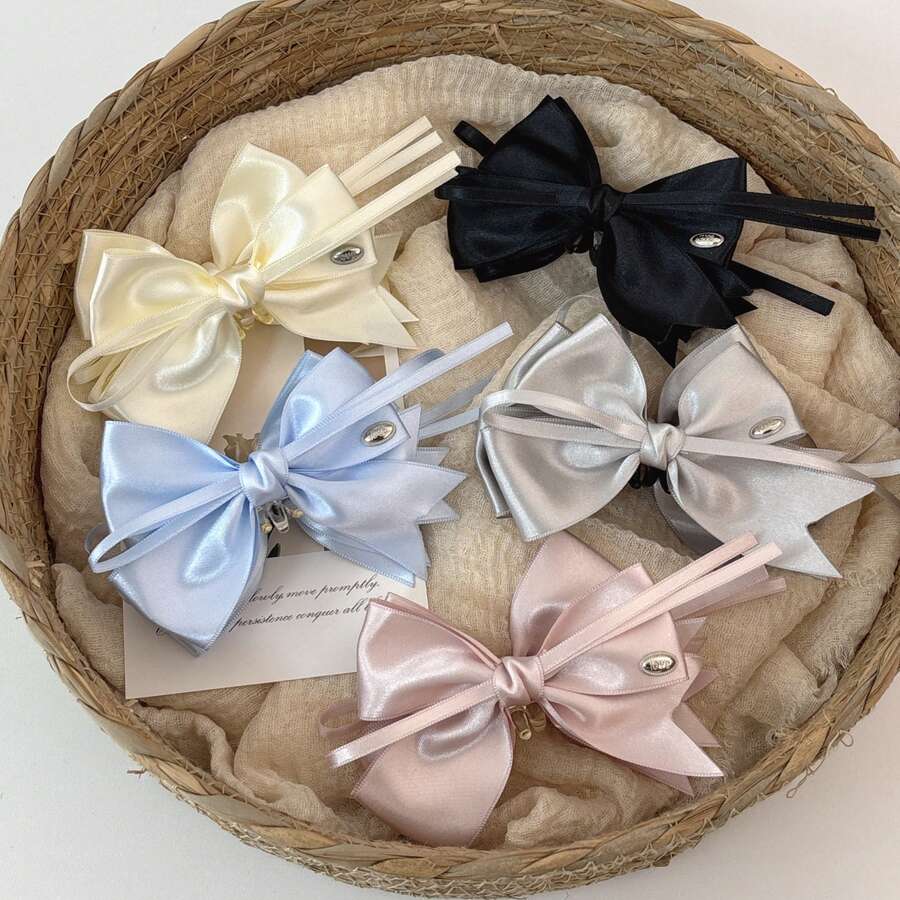 1个涤纶休闲蝴蝶结发爪夹,韩式甜美黑色丝带香蕉发夹,适合所有季节、节日、派对 - 彩色 - 查看 1