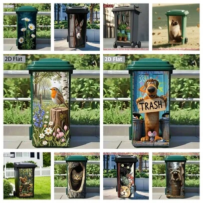 1 miếng dán thùng rác hình động vật và hoa ngộ nghĩnh, decal thùng rác sân vườn 3D chống thấm nước bằng PVC, họa tiết chó, mèo, gấu trúc, sóc, chim, lừa, ngựa hài hước, nắp thùng rác tự dính, trang trí sân vườn bền bỉ chống mài mòn, phụ kiện trang trí nhà cửa DIY