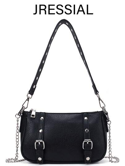 JRESSIAL Black Y2K Punk Shoulder Bag, Detachable Silver Chain & Rivet Buckle Underarm Purse, Adjustable Studded Strap Crossbody Handbag, Vintage Grunge Gothic Aesthetic, Zipper Closure Baguette Bag