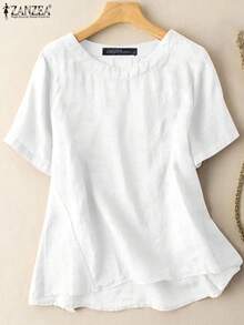 ZANZEA-Tops lisos a la moda para mujer, Blusa de algodón de manga corta con cuello redondo, camisa holgada informal para mujer, ropa para el hogar, camisas de playa 2023 - BLANCO - Ver 4