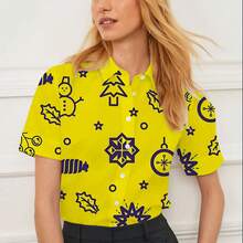 Camisa de verano informal de manga corta con solapa, diseño de elementos navideños, tops para mujer, ropa de moda con personalidad para mujer - NZ2402-CC8 - Ver 4