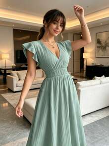 Women's Casual And Simple Maxi Dress With Waist, Suitable For Vacation - Xanh lá nhạt - Xem 2