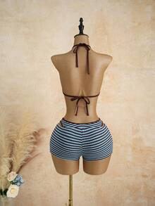 Bộ đồ bơi 3 mảnh dành cho nữ, bộ bikini kẻ sọc retro gợi cảm thời trang với quần cạp cao đồng bộ, thích hợp cho kỳ nghỉ thư giãn và tiệc bể bơi, đồ bơi và trang phục đi biển mùa hè dành cho nữ - Màu xanh lam - Xem 7