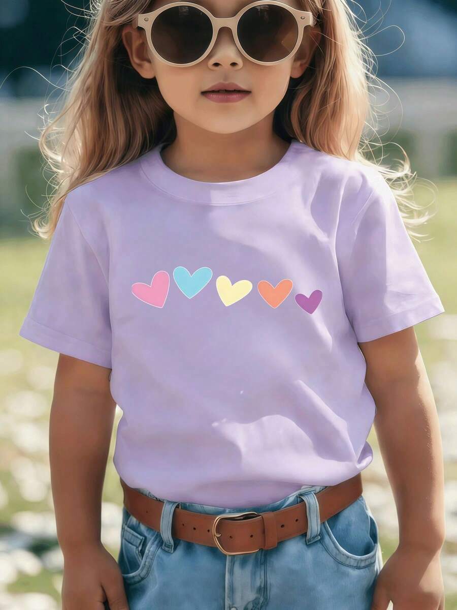 Top de manga corta sencillo, informal y bonito con estampado para niños, ideal para el verano. - Púrpura malva - Ver 1