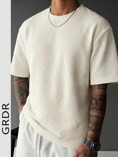  Camiseta de manga corta de corte slim con cuello redondo y diseño jacquard para hombres GRDR | Diseño exquisito | Esencial de verano | Fácil de combinar | Muestra tu estilo