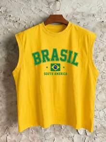 Áo tank top nam FRACTYR mùa hè, phong cách đường phố thường ngày, màu vàng tươi, in hình cờ Brazil, kiểu dáng chữ Y, dáng rộng, cổ tròn, thích hợp cho thể thao và tập luyện, chất liệu mềm mại. - Màu vàng - Xem 2
