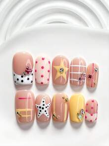 10Pcs Sweet And Edgy Style Handmade Press On Nail,Polygel Nail Set,Butterfly Diamond,Blue Bubble Beads,Pink And White Nail Polish,Sweet Style,Includes Nail Tools,3 Sizes Available,Square,Short Square,Almond,Nails For Party,Dance,Daily Wear. - 彩色 - 查看 4