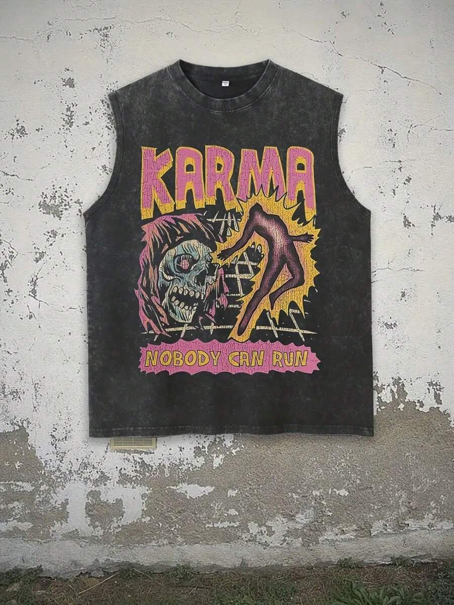 Unisex 210G Vintage Washed Black Sleeveless Tank Top, Skull Nobody Can Run Horror Graphic Muscle Vest - 黑色 - View 1