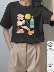 Summer Tops 100% Cotton Coconut Umbrella And Flower Print Shirt, Short Sleeve, Casual, Graphic T-Shirt, Soft Fabric, Cotton Clothing, Outdoor Clothing, Print, Women's Summer T-Shirt, Shirt, Summer Top, Vacation Outfit, Travel Style, Beach Vibe, Minimalist Resort Wear, Cotton T-Shirt, Summer Outfit - Black - View 2