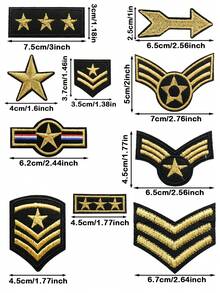 10pcs Vintage Military Style Golden Embroidered Patches, Black Background Star & Arrow Decor Applique, Clothing DIY Accessory Iron-On - Multicolor - View 3
