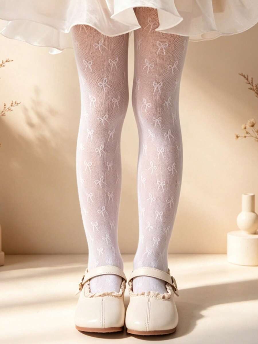 1件装女童/儿童白色蝴蝶结装饰连裤袜,经典休闲透气舒适连裤袜,可爱百搭亲肤耐穿舞蹈袜,适合日常搭配连衣裙、婚礼、上学、度假等场合。 - 白色 - 查看 1