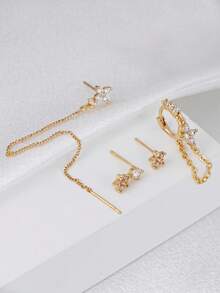 4pcs Elegant Cubic Zirconia Clover & Flower Decor Chain Earrings Set, Suitable For Women's Daily, Date, Music Festival, Party Matching, Holiday Gift - Yellow Gold - View 4
