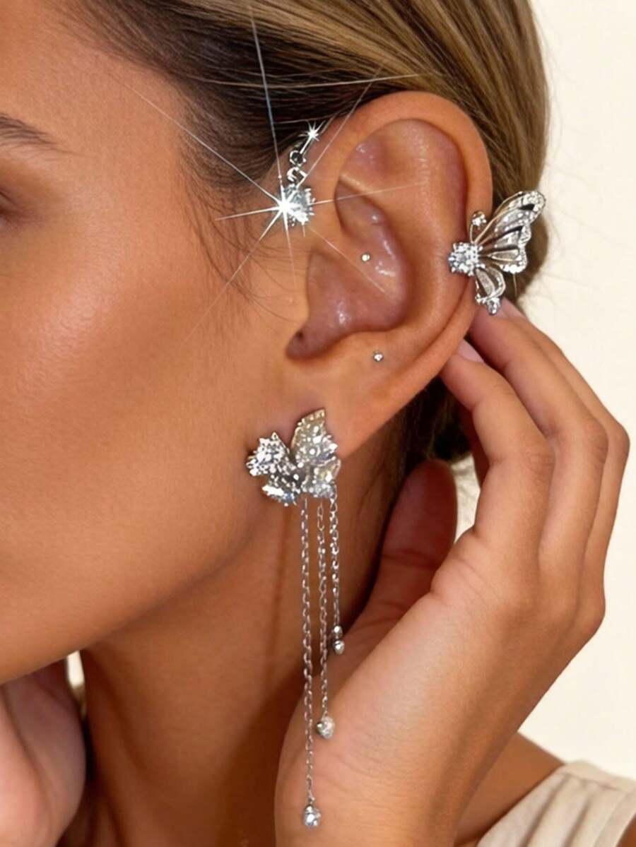 1 pieza Pendiente de oreja con borla de mariposa plateada para mujer - Plateado - Ver 1