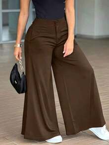 Pantalones anchos y sueltos de unicolor y casual para mujer, elegantes y minimalistas, de color negro para la primavera - Café integral - Ver 3