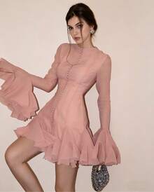 Women's Long Sleeve Mesh Panel Ruffle Hem Mini Dress| Elegant Button-Front A-Line Party Dress - 粉色 - 查看 3