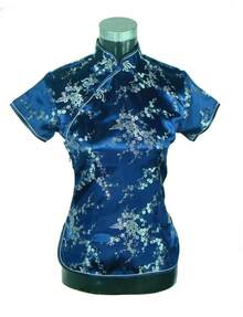 Blusa de satén de seda china tradicional rosa para mujer, camisa Vintage de verano, Tops, ropa de flores, S, M, L, XL, XXL, WS012 - Azul Marino - Ver 4