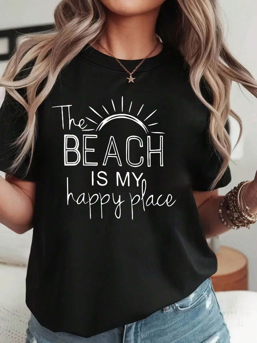Transmite la atmósfera relajada y reconfortante de unas vacaciones en la playa. Camiseta de manga corta de algodón, cuello redondo, estilo casual, para mujer, con estampado "LA PLAYA ES MI LUGAR FELIZ", talla grande. Adecuada para salidas animadas, actividades al aire libre, desplazamientos diarios, ropa versátil y elegante - Camiseta unisex de estilo vintage urbano, holgada. - Negro - Ver 1