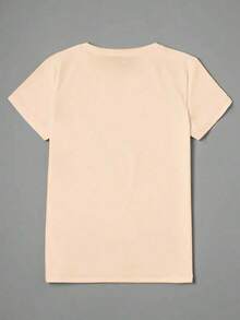 Women's Casual T-Shirt - Leopard And Cherry Design In Bright Orange, Everyday Top, Soft Polyester Fabric, Machine Washable, Suitable For Daily Wear And Parties, Weekend Style, Fun Design, Comfortable Fit, Short Sleeve, Must-Have For Fashion Enthusiasts, Loose And Comfortable Summer-Vintage Style, Unisex Cotton T-Shirt With Round Neck And Short Sleeve. - 杏色 - 查看 2