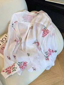 Camisa de mujer de manga larga con botones, de estilo casual y romántico, con bordado floral - Blanco 2 - Ver 2
