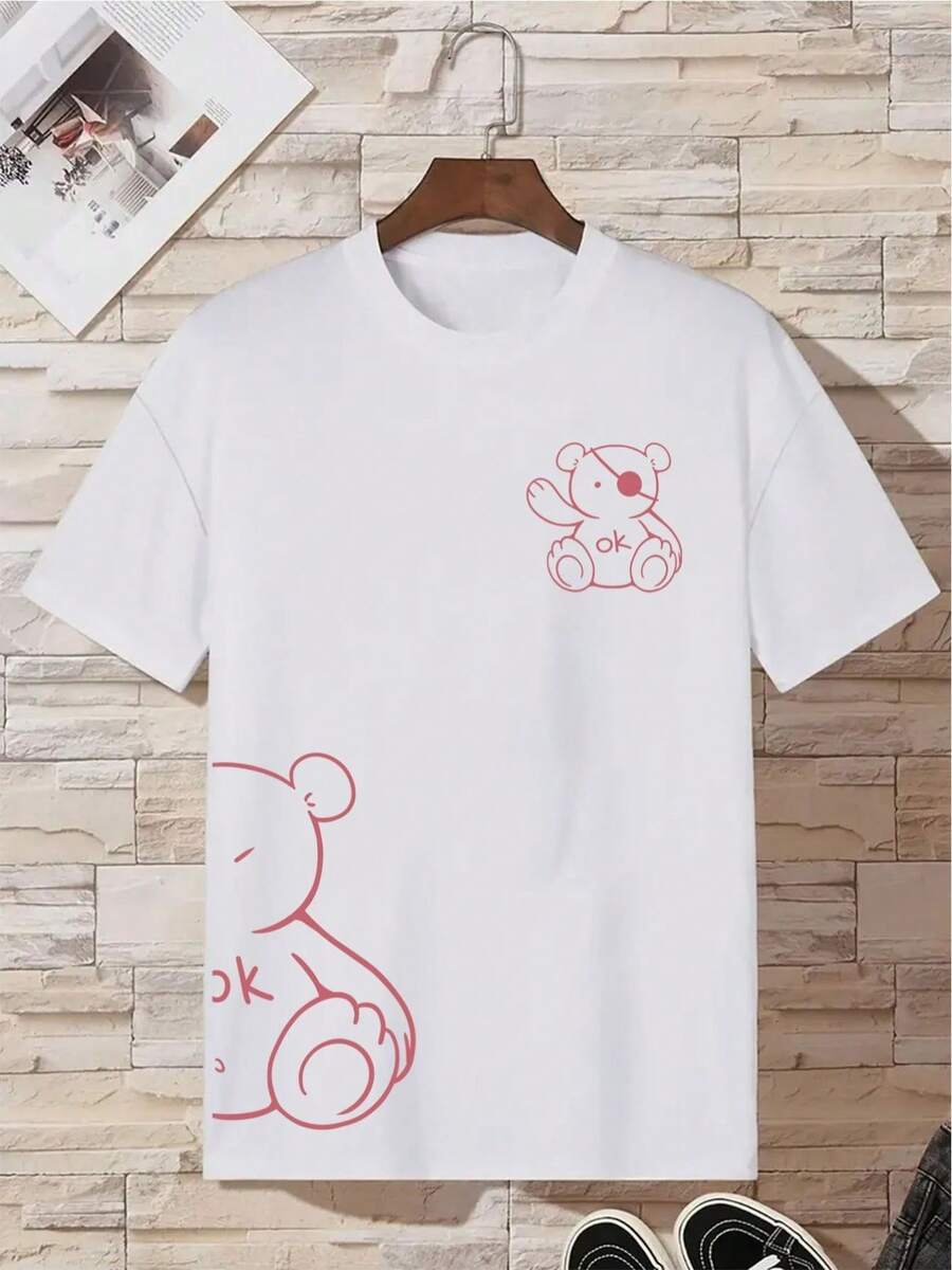 Off-The-Shoulder T-Shirt With Bear Print - 白色 - 查看 1