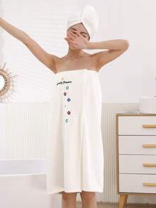2pcs Women's Embroidered Coral Fleece Soft Absorbent Hooded Bath Towel & Wrap Set, Bow Decor - White - View 4