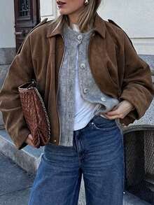 Retro Short Jacket, Turndown Collar Zipper Design, Loose Fit Slimming Casual Jacket For Autumn/Winter - Coffee Brown - View 1