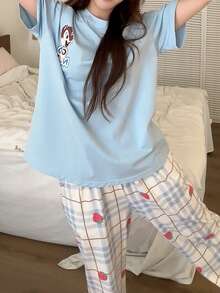 Gongdie Bộ 2 món đồ ngủ nữ Disney, bộ đồ ngủ ngắn tay cotton mùa hè, họa tiết kẻ caro thoải mái mặc ở nhà - Màu xanh nhạt - Xem 2
