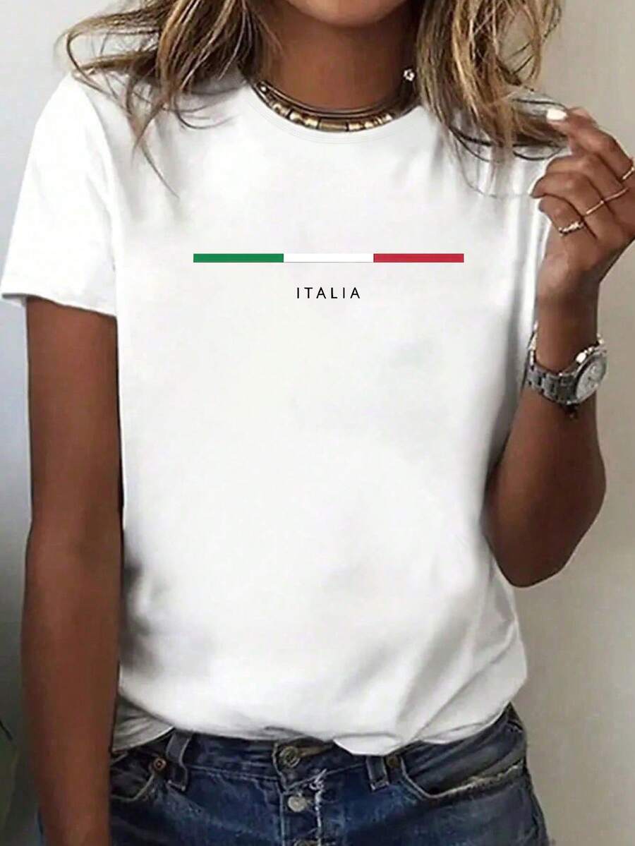 大尺碼女款休閒圓領短袖上衣,印有義大利國旗與「ITALIA」文字-日常穿著 - 白色 - 查看 1