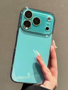 奢華電鍍亮面手機殼 適用於 iPhone 17 Pro Max 16 15 14 13 12 11 Pro Max 簡約純色 玻璃鏡頭保護 防震緩衝 硬殼背蓋 - 淡青色 - 查看 6