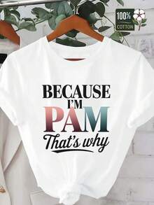 Women's Comfortable T-Shirt With The Phrase "Pam" In A Casual Style, Crew Neck, Regular Fit, All-Season, Lightweight Stretch Fabric - White - View 1