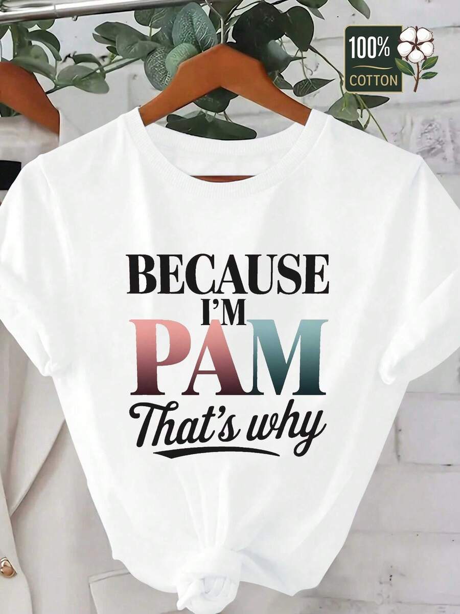 Women's Comfortable T-Shirt With The Phrase "Pam" In A Casual Style, Crew Neck, Regular Fit, All-Season, Lightweight Stretch Fabric - White - View 1